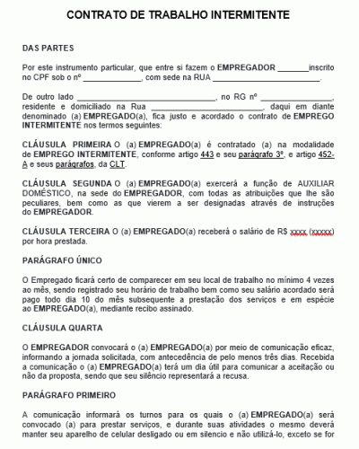 Modelo de Contrato de Trabalho Intermitente