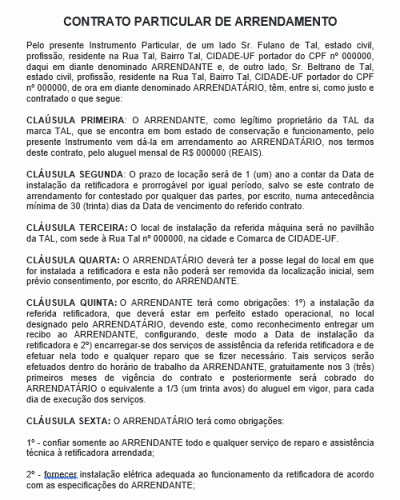 Modelo de Contrato Particular de Arrendamento