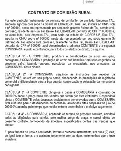 Modelo de Contrato de Comissão Rural