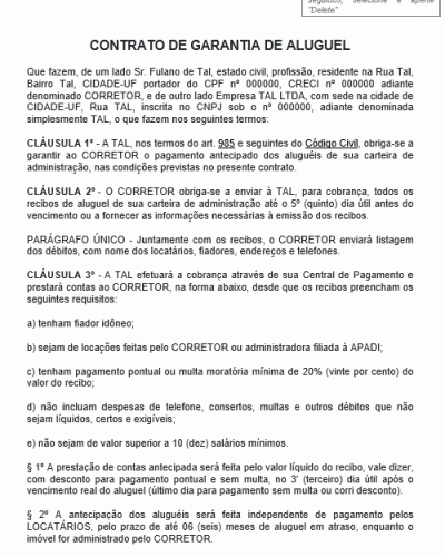 Modelo de Contrato de Garantia de Aluguel