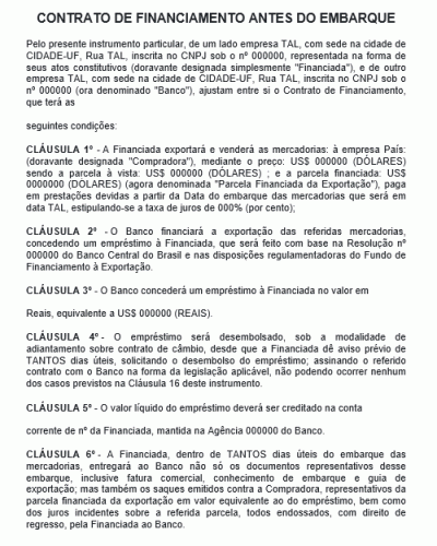 Modelo de Contrato de Financiamento Antes do Embarque