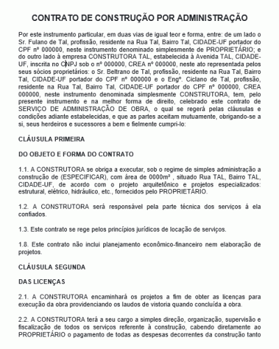 Referência De Contrato De Construção Por Administração Modelo Gratuito