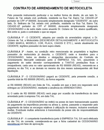 Modelo de Contrato de Arrendamento de Motocicleta