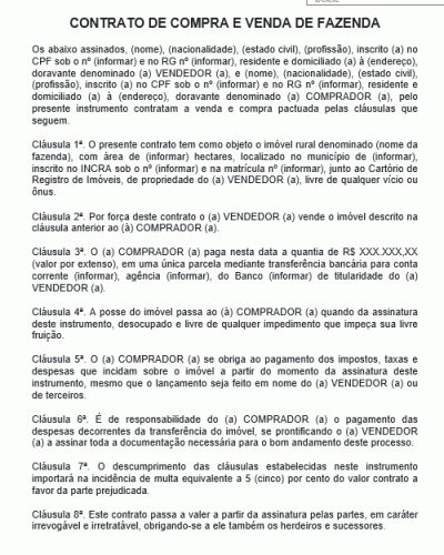 Modelo de Contrato de Compra e Venda de Fazenda