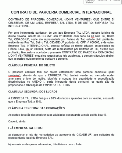 Referência De Contrato De Parceria Comercial Internacional Modelo