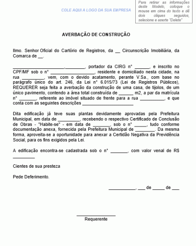 Modelo de Requerimento - Averbação de Construção