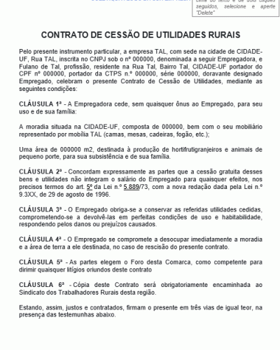 Modelo de Contrato de Cessão de Utilidades Rurais