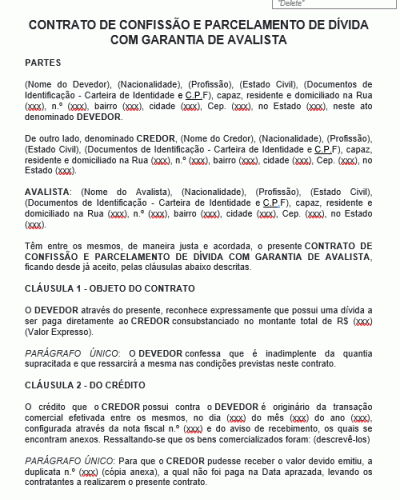 Modelo de Contrato de Confissão e Parcelamento de Dívida com Garantia