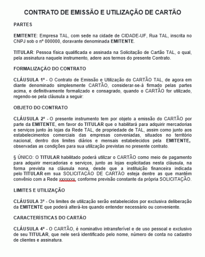 Modelo de Contrato de Emissão e Utilização de Cartão