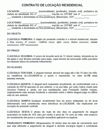 Modelo de Contrato de Locação Residencial - Sem Garantia Locatícia