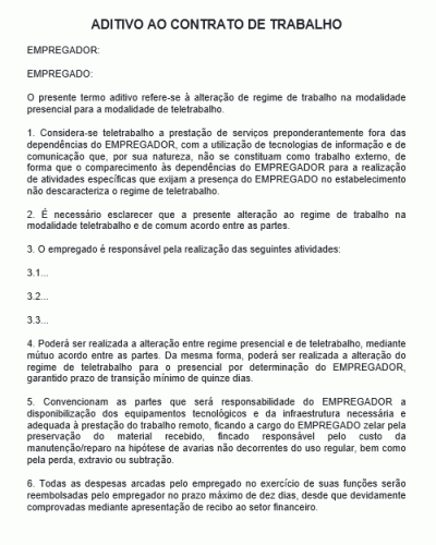 Modelo Aditivo ao Contrato de Trabalho na Modalidade Teletrabalho