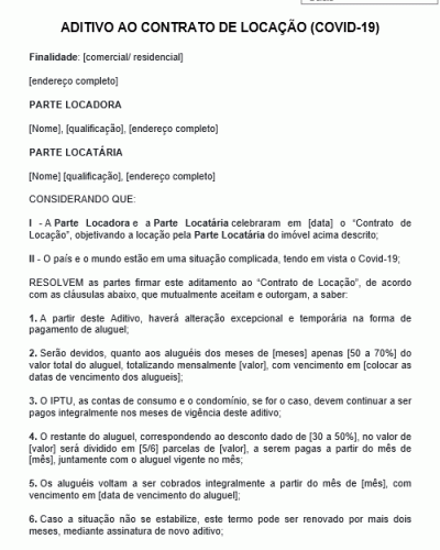 Modelo Aditivo ao Contrato de Locação (Covid-19)