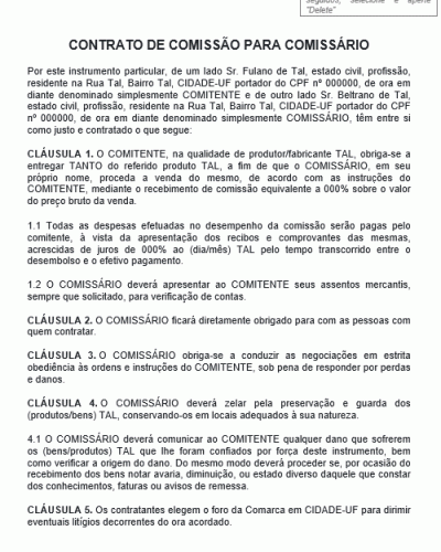 Modelo de Contrato de Comissão para Comissário