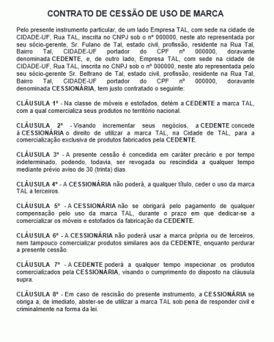 Modelo De Contrato De Cessão De Uso De Marca