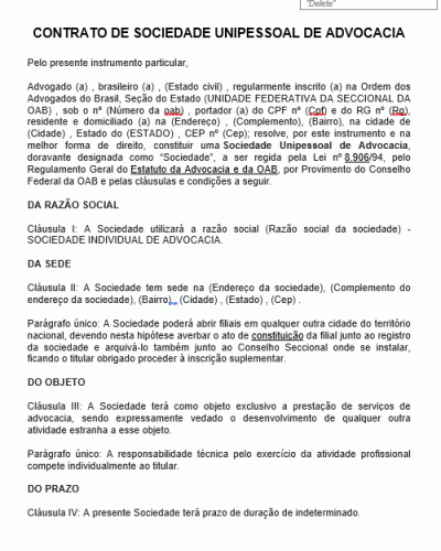 Modelo de Contrato de Sociedade Unipessoal de Advocacia