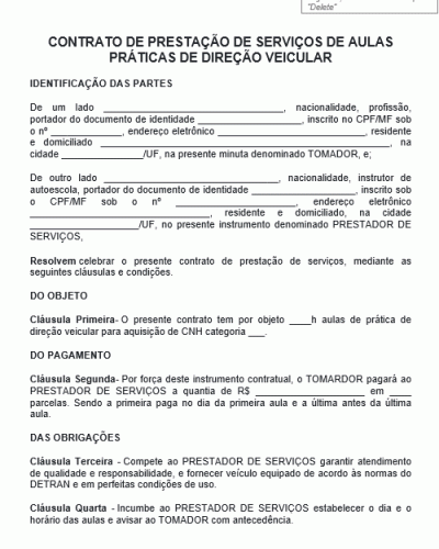 Modelo Contrato de Prestação de Serviços Aulas de Direção Veicular