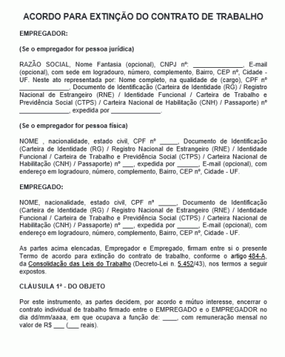 Modelo de Acordo para Extinção do Contrato de Trabalho