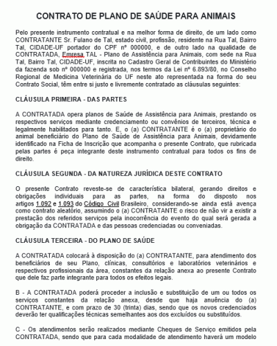 Modelo de Contrato de Plano de Saúde para Animais