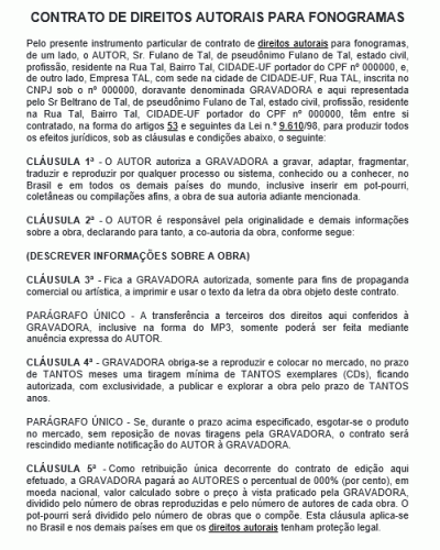 Modelo de Contrato de Direitos Autorais para Fonogramas