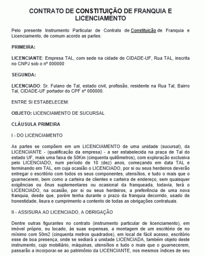 Modelo de Contrato de Constituição de Franquia e Licenciamento