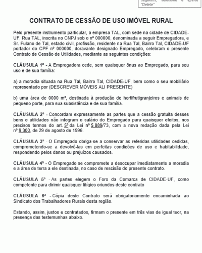 Modelo de Contrato de Cessão de Uso Imóvel Rural