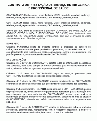 Modelo de Contrato de Prestação de Serviço entre Clínica e Profissional de Saúde