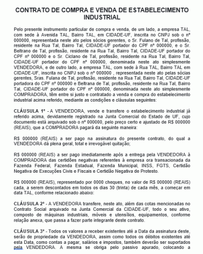 Modelo de Contrato de Compra e Venda de Estabelecimento Industrial