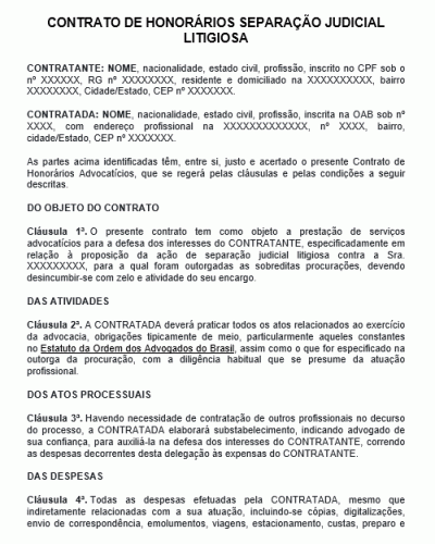 Modelo de Contrato de Honorários Separação Judicial Litigiosa