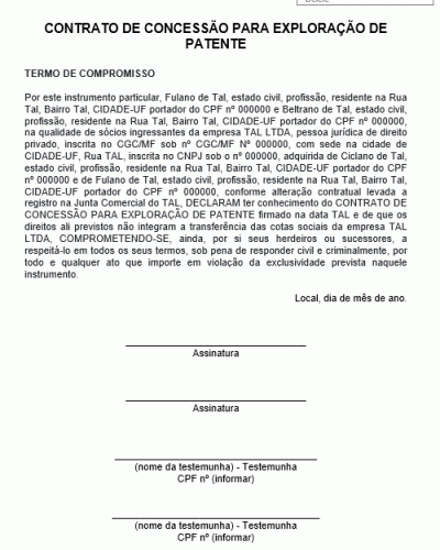 Modelo de Contrato de Concessão para Exploração de Patente