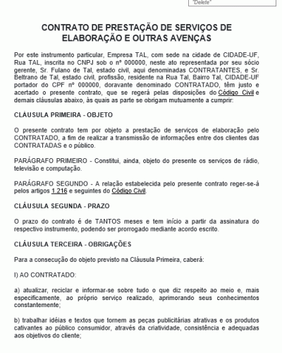 Modelo de Contrato de Prestação de Serviços de Elaboração e Outras Avenças