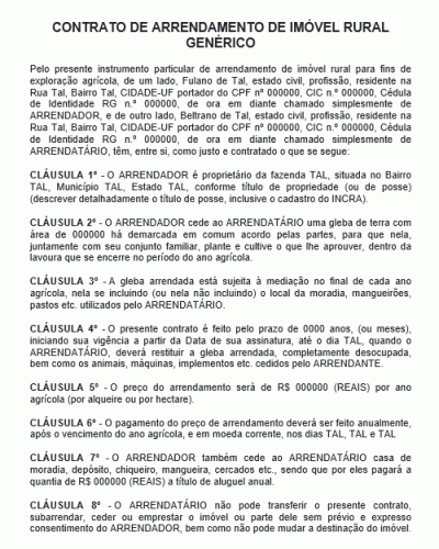 Modelo de Contrato de Arrendamento de Imóvel Rural Genérico