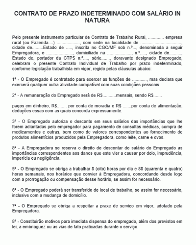 Modelo de Contrato de Prazo Indeterminado com Salário In Natura