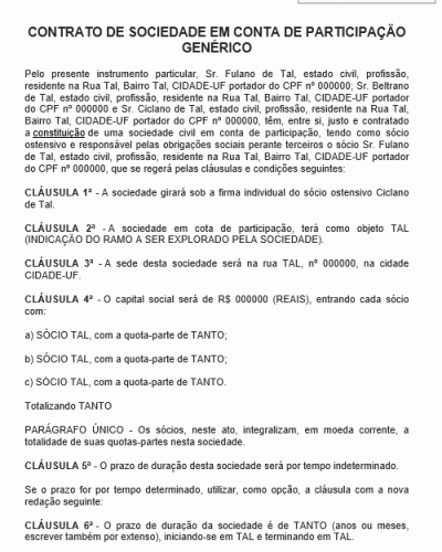 Modelo de Contrato de Sociedade em Conta de Participação Genérico