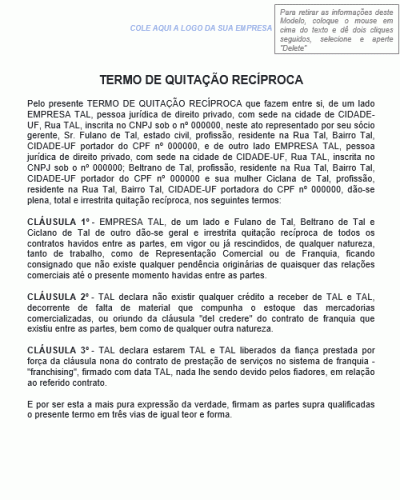 Modelo de Termo de Quitação Recíproca