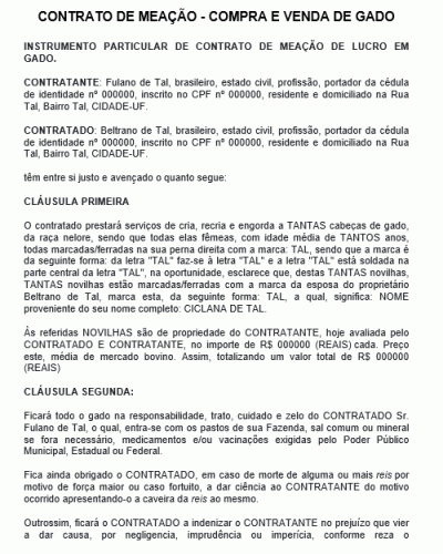 Modelo de Contrato de Meação - Compra e Venda de Gado