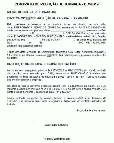 Modelo de Contrato de Redução de Jornada - Covid19