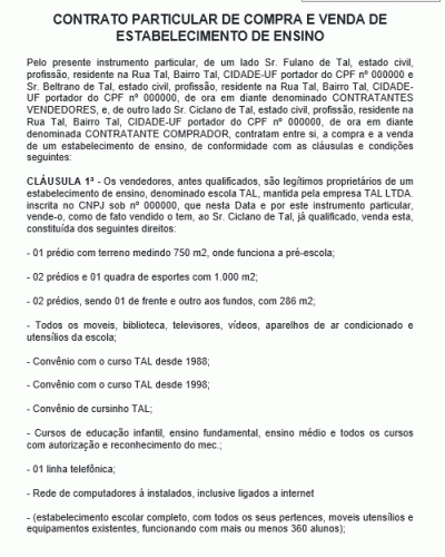 Modelo De Contrato Particular De Compra E Venda De Estabelecimento De Ensino