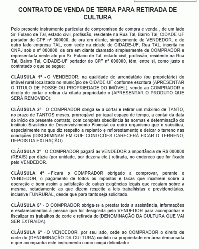 Modelo de Contrato de Venda de Terra para Retirada de Cultura