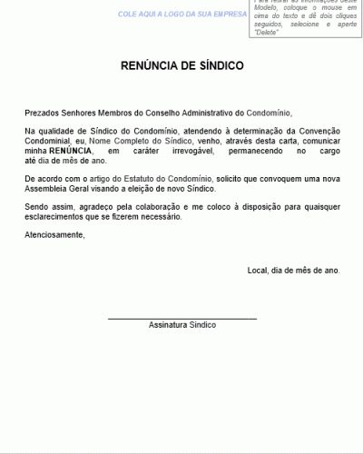 Modelo De Carta De Renúncia De Síndico