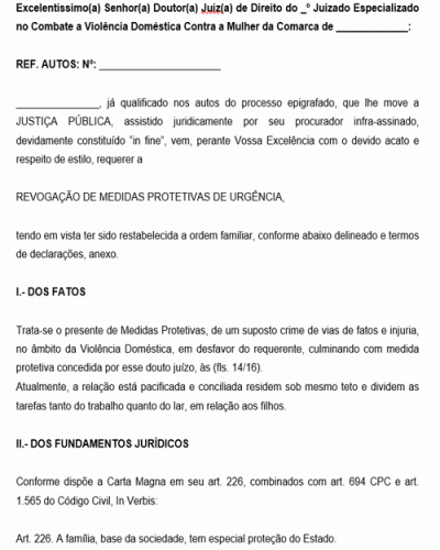 Modelo de Ação de Pedido de Revogação de medidas protetivas de urgência