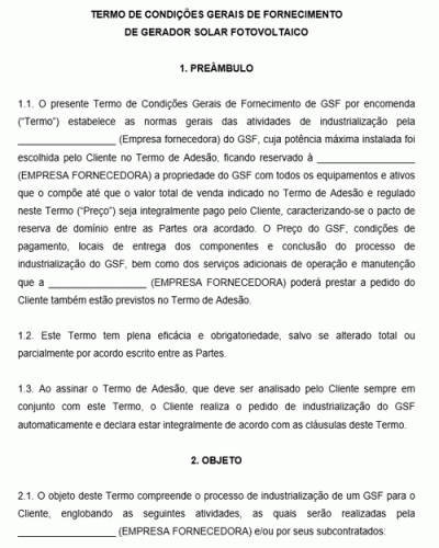 Modelo de Termo de condições gerais de Fornecimento de Gerador Solar Fotovoltaico Fotovoltaica