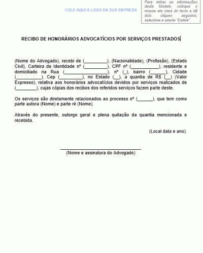 Modelo de Recibo de Honorários Advocatícios por Serviços Prestados