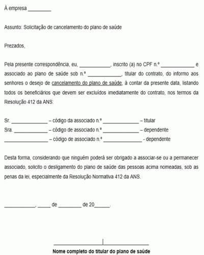 Modelo de Carta de Solicitação de Cancelamento de Plano de Saúde Pessoa Física PF