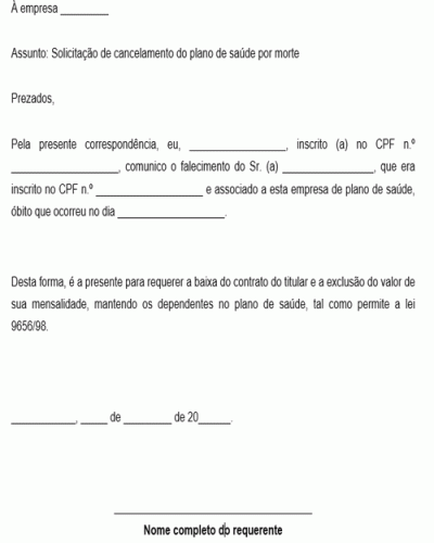 Modelo de Carta de Solicitação de Cancelamento de Plano de Saúde por causa  de Falecimento do Titular