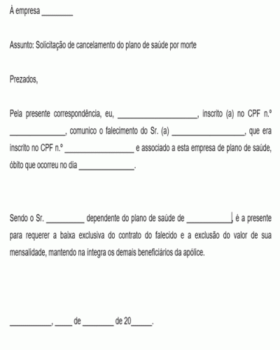 Modelo de Carta solicitação de cancelamento do plano de saúde em caso de  falecimento de dependente