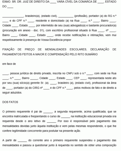 Modelo de Ação revisional de preço de mensalidade escolar