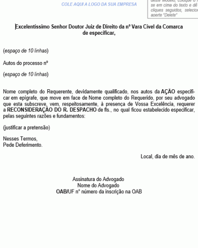 Modelo de Petição de Pedido de Reconsideração de Despacho - que lhe causou Prejuízo - Advogado