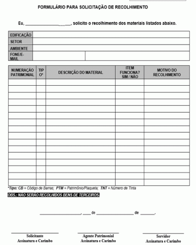 Modelo de Formulário para solicitação de recolhimento de Bens