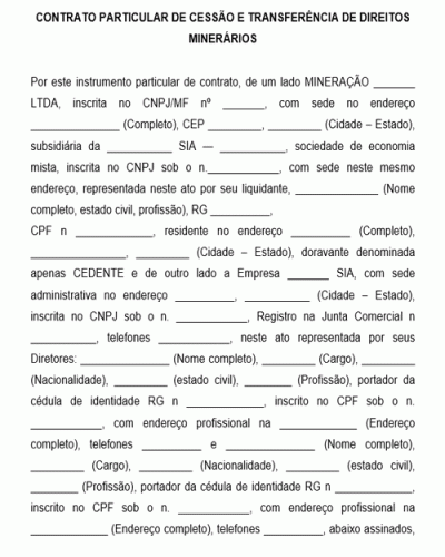 Modelo de Contrato de Cessão e transferência de direitos minerários