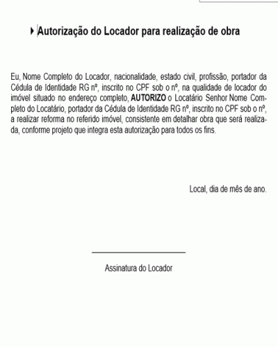 Modelo de Termo de Autorização do Locador para realização de obra